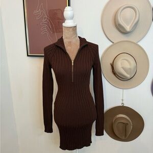 Anthropologie Brown Knit Quarter Zip Sweater Dress